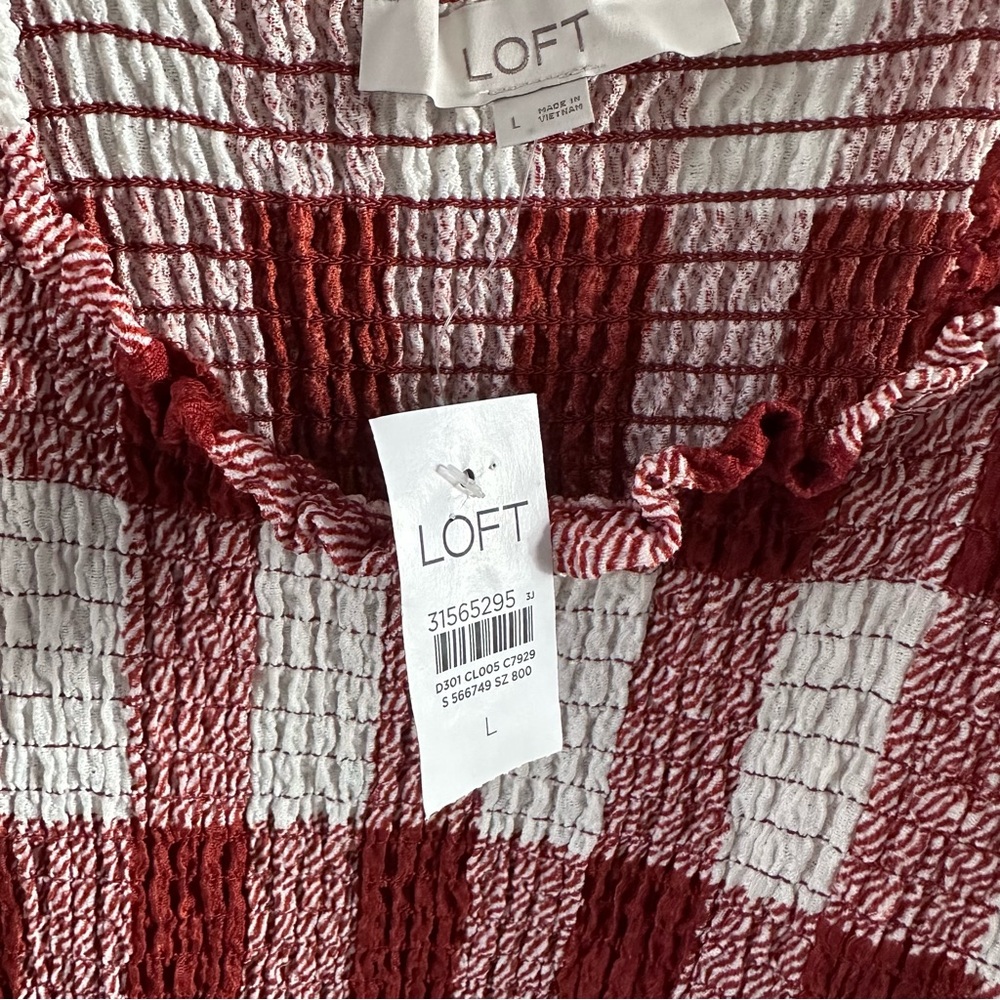 LOFT Burgundy Red & White Gingham Smocked Peplum Tank Top NWT Size L - Picture 4 of 9